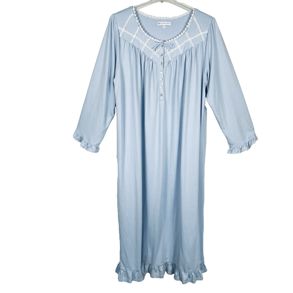 Eileen West Nightgown Size XL Blue Long Flannel Modest Cottagecore Prairie Soft